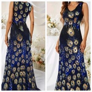 Peacock Design, party, , Sleeveless,  flared,  Sequined Maxi Dress…